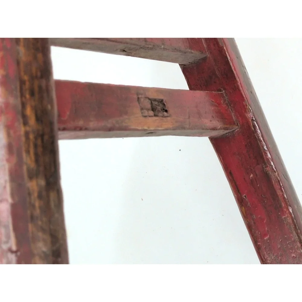 Antique Chinese Elm Red Painted Stool Chair Primitive 1900 Mortise Tenon Bench
